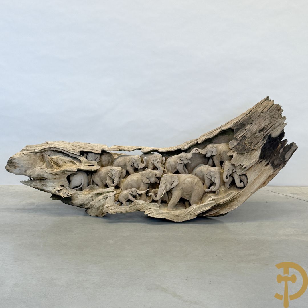 Teakhouten Aziatische sculptuur van groep olifanten