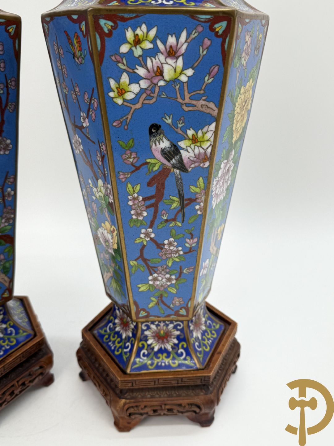 Paar zeshoekige cloisonévazen met bloemen en vogeldecor - op houten sokkels