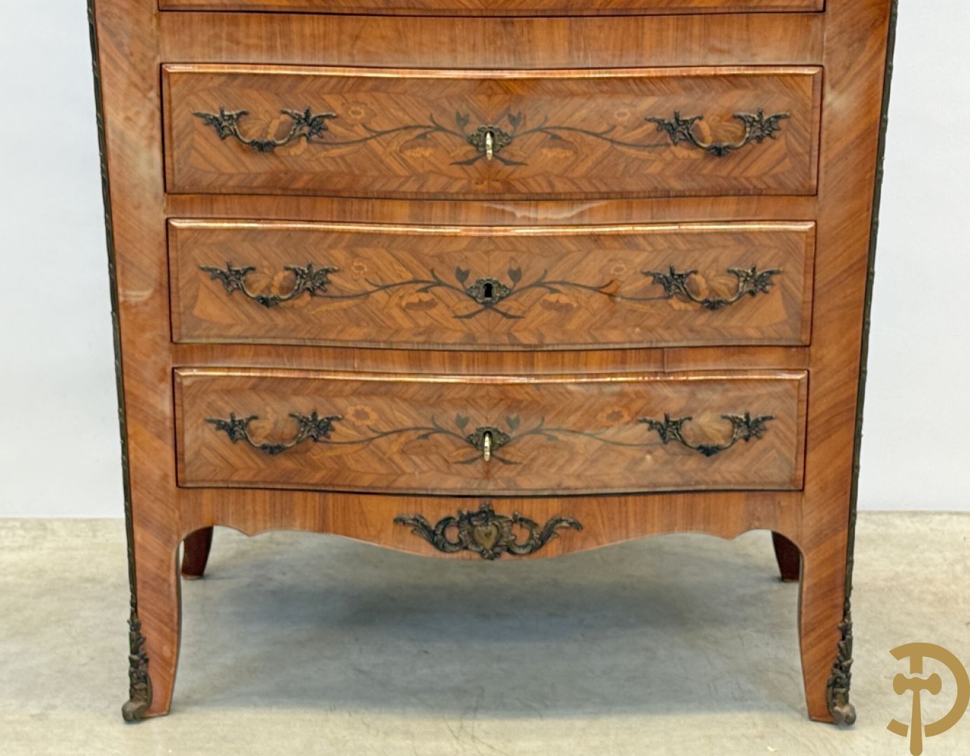 Notelaren klapsecretaire met 4 lades en bloemenmarquetterie, bezet met bronzen ornamenten - bovenaan met marmeren blad