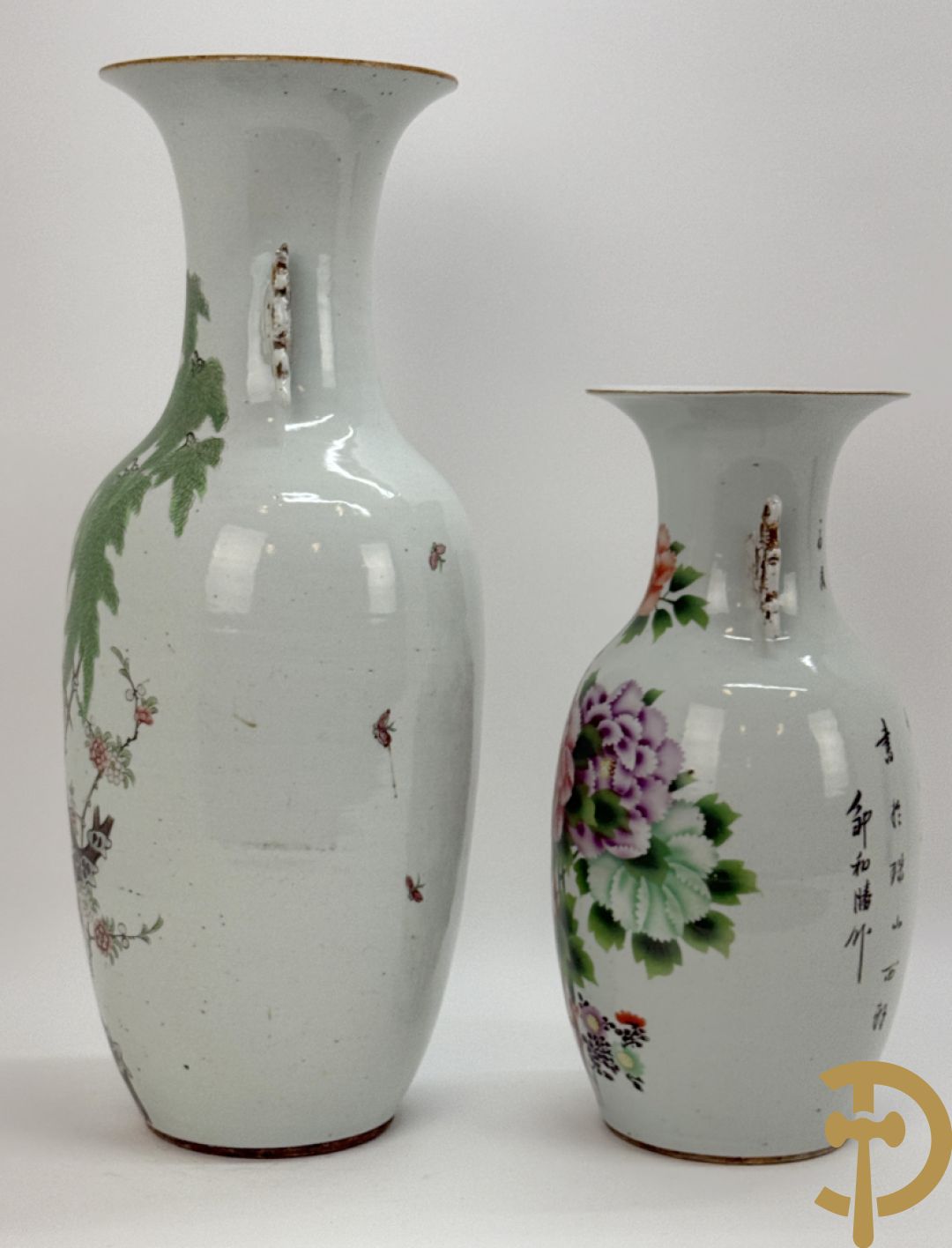 Chinese porseleinen vaas met decor van takken en vogels + Chinese porseleinen vaas met bloemendecor