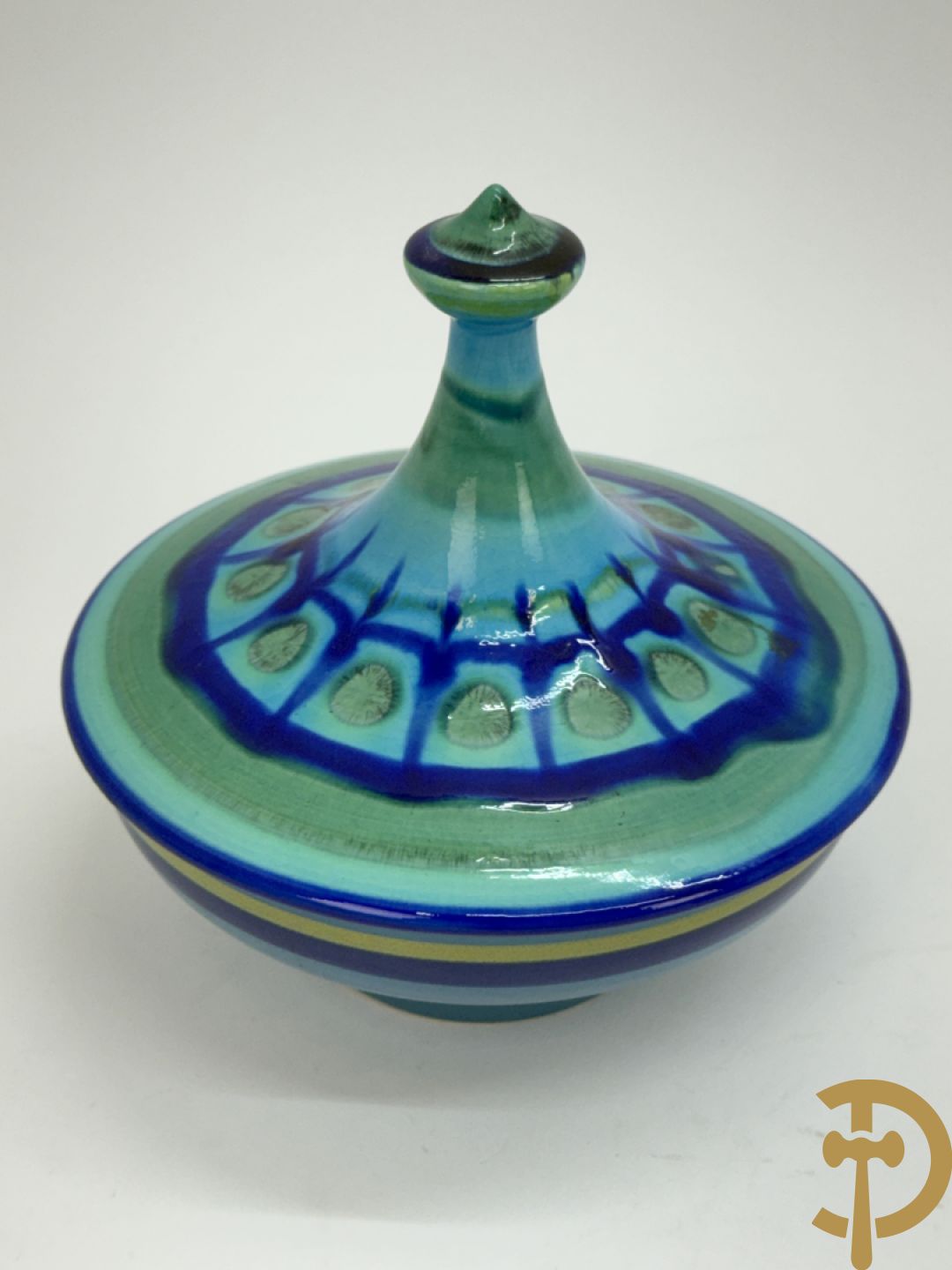 Vintage keramieken dekselpotiche van Amphora, schaal Perignem, Goud dekselpotiche, Flora Holland kaarsenhouder, zeepaard en vliegende heks