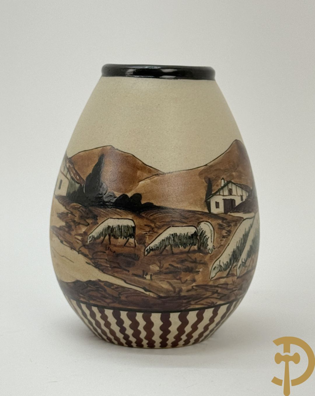 Vaasje in Grès met handbeschilderd geanimeerd landschapsdecor met herder en kudde, Ciboure Garcia de Diego