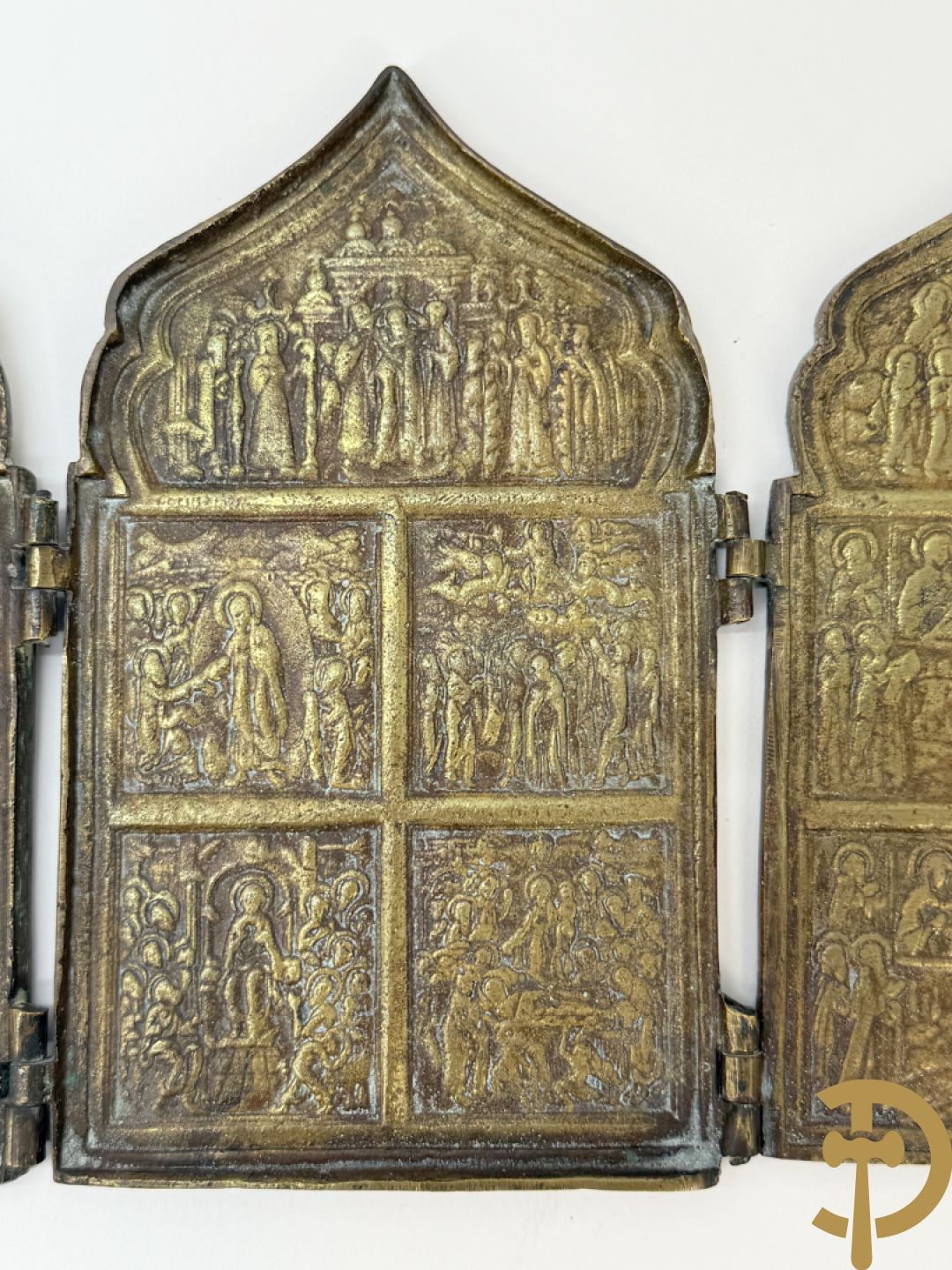 Vierdelige koperen Russische reisikoon + bronzen Neo Gotisch koffertje