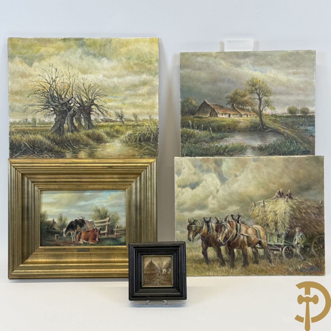DE PAUW Luc J.C. getekend 'Einde van een warme zomerdag' olie op oud eiken paneel + 'Boerderij' olie op doek gemaroufleerd op paneel + 'Tronken' olie op paneel + 'Boer met paarden en hooiwagen' olie op doek + 'Vlasmijt olie op paneel