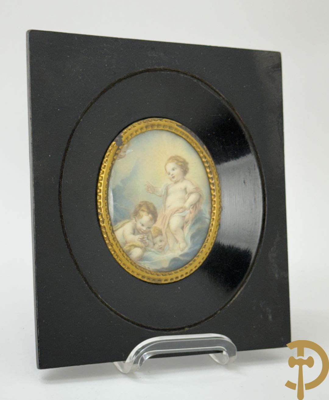 Vier handgekleurde miniaturen met romantische scènes en edeldames