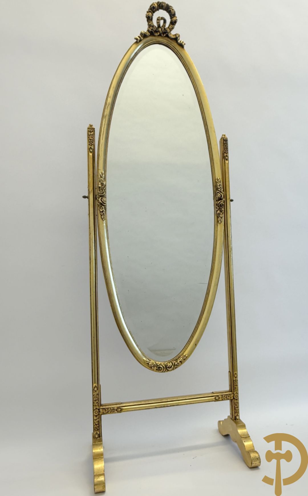 Vergulde ovale kleermakersspiegel in statief