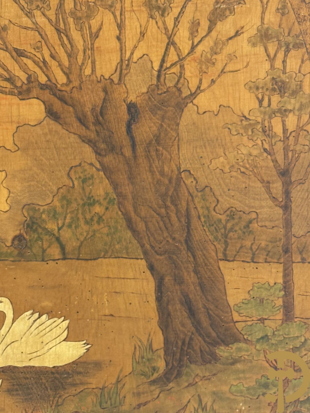 Art Nouveau paneel met pyrografie 