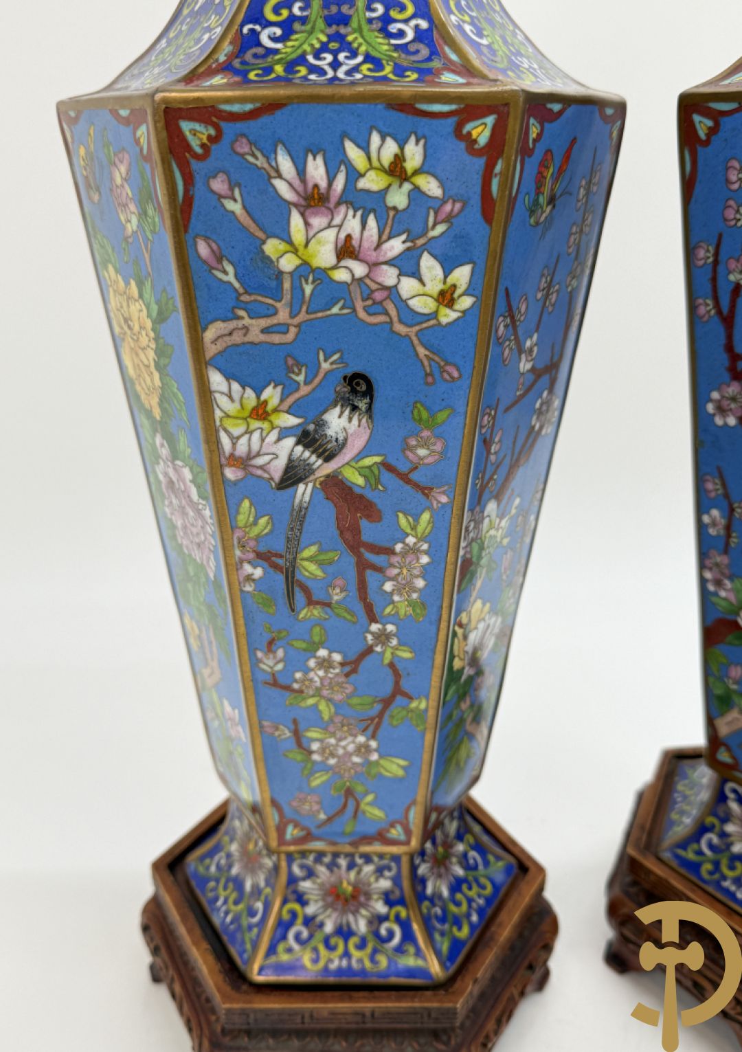 Paar zeshoekige cloisonévazen met bloemen en vogeldecor - op houten sokkels