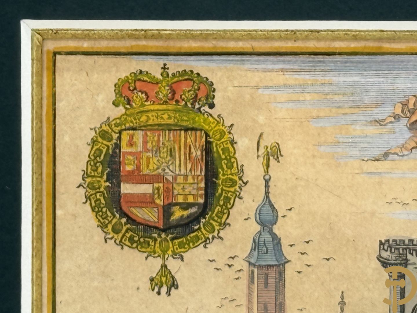 Handgekleurde kopergravure van de Kouter Gent uit Sanderus + handgekleurde kopergravure van Gravensteen uit Sanderus