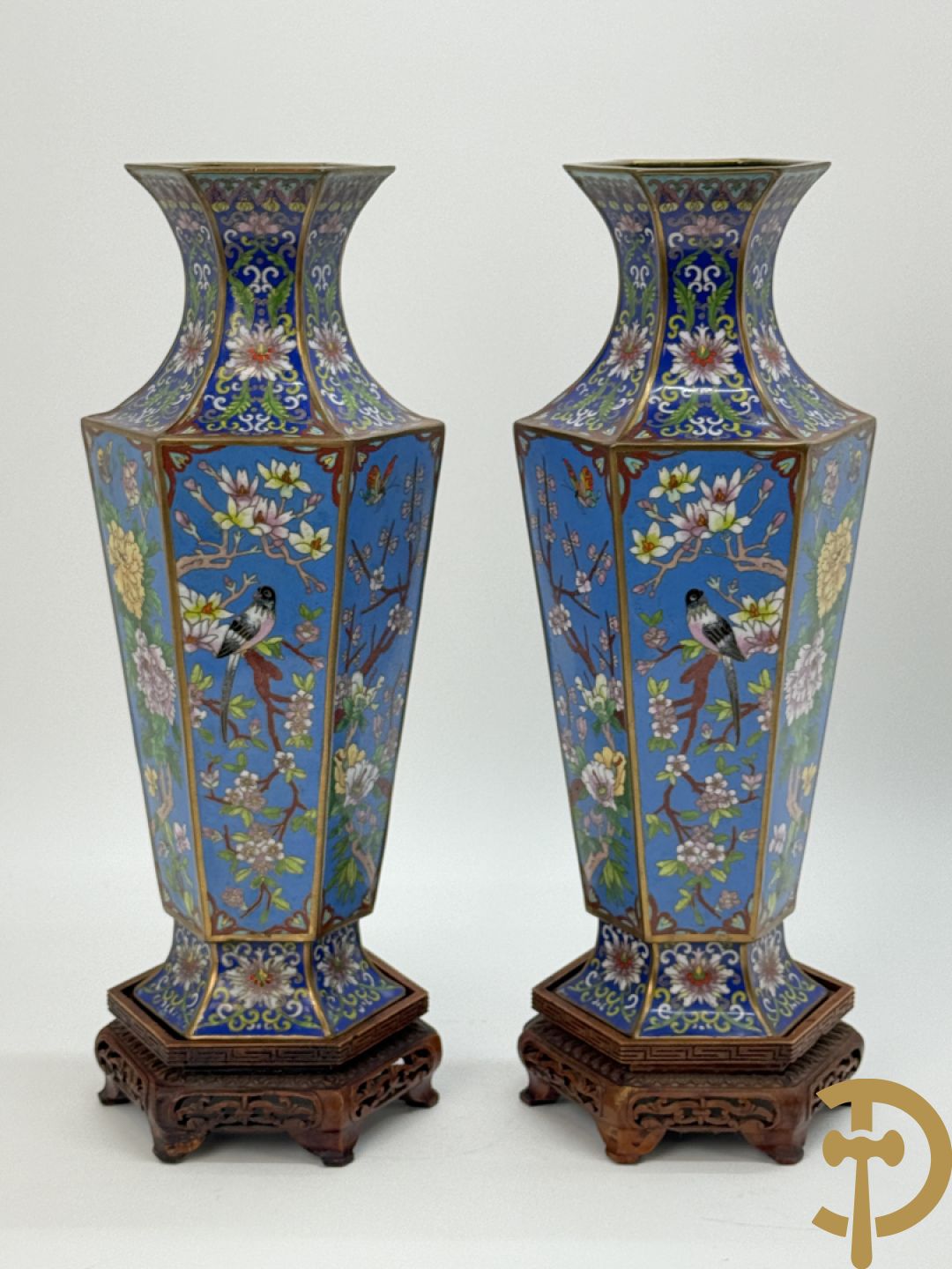 Paar zeshoekige cloisonévazen met bloemen en vogeldecor - op houten sokkels