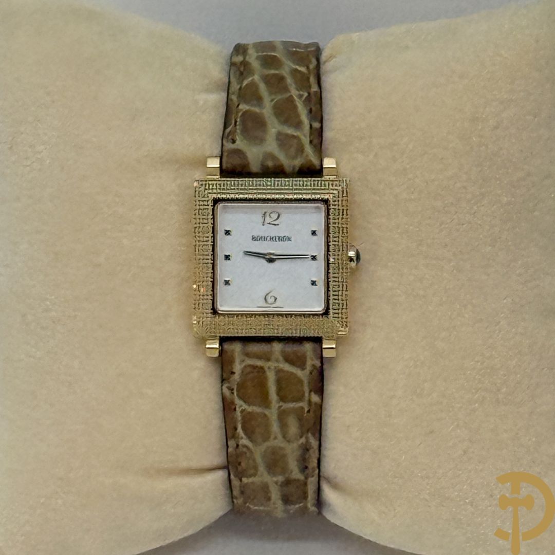 Geelgouden dameshorloge Boucheron Carrée in bijhorende lederen box, gemerkt 18 Kt. en genummerd 403436 - Met 2 verschillende bandjes + certificaten