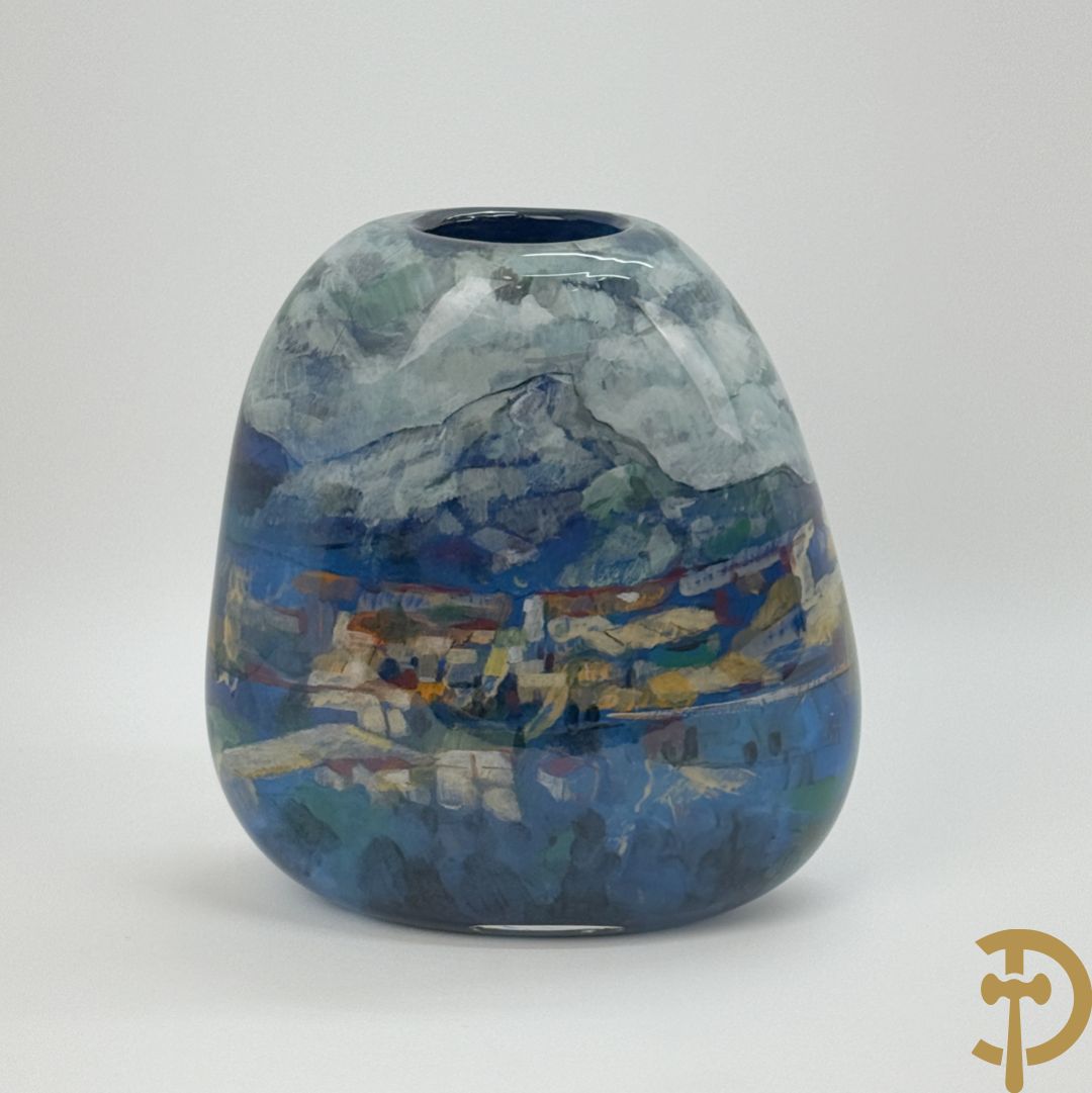 Ongetekend kleurrijke modernistische glaspasta vaas met impressionistisch landschapsdecor