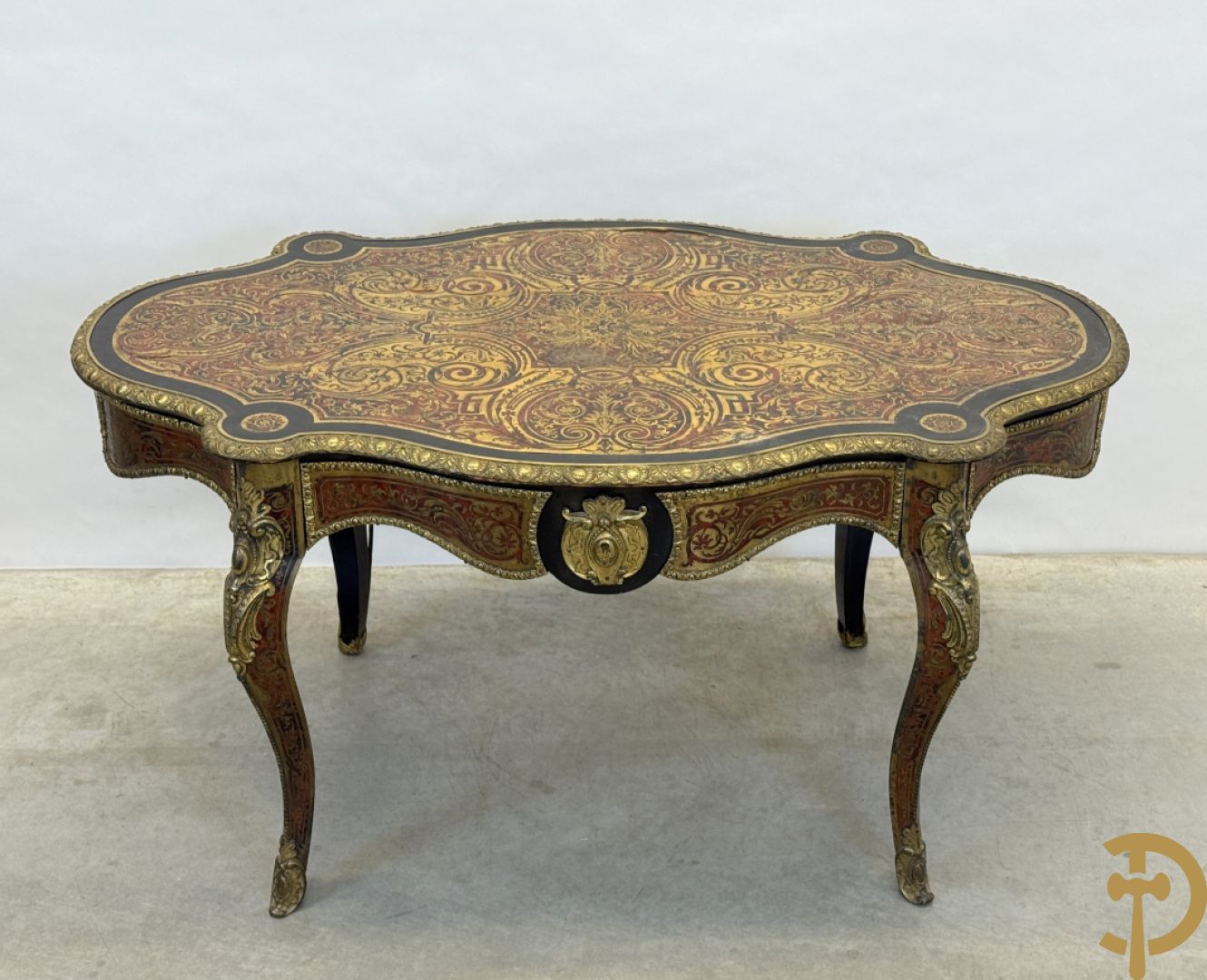 Boulle tafel met lade, Napoleon III, met mooi koperinleg en bronzen ornamenten, 19e