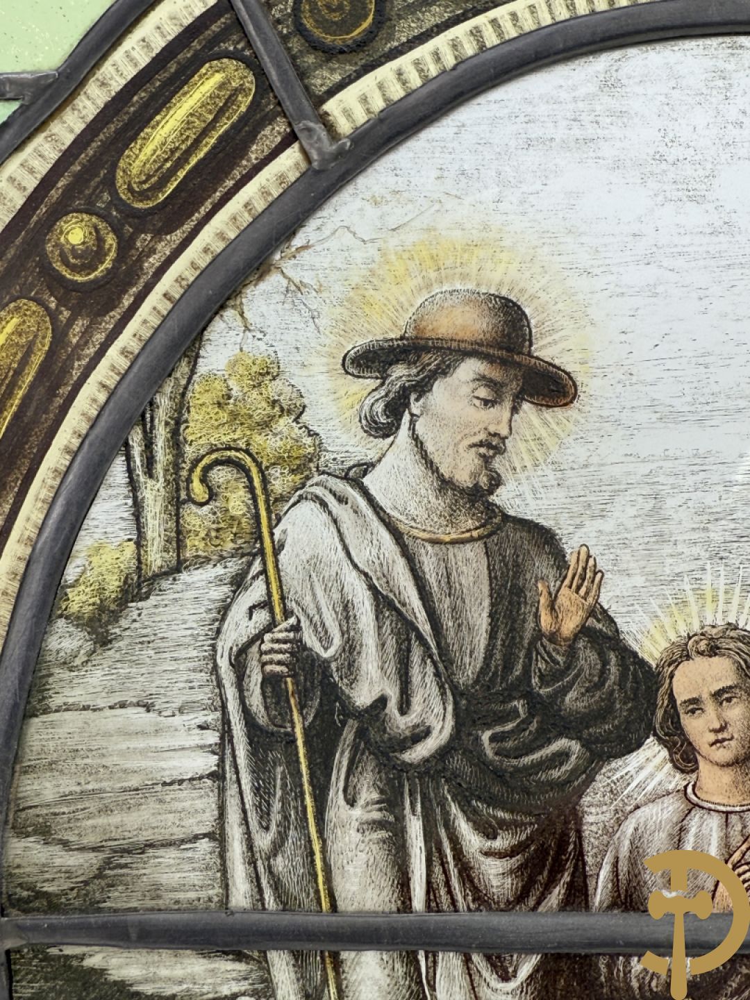 Twee loodramen met beschilderde taferelen 