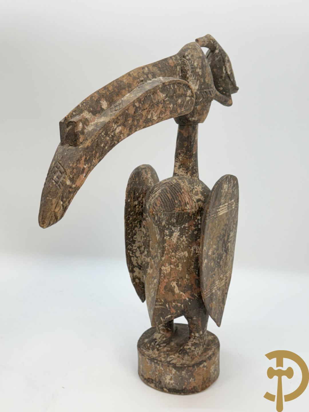 Twee Afrikaanse hout sculpturen : Ibo Nigeria masker + Malinees vogelbeeld Chiwara