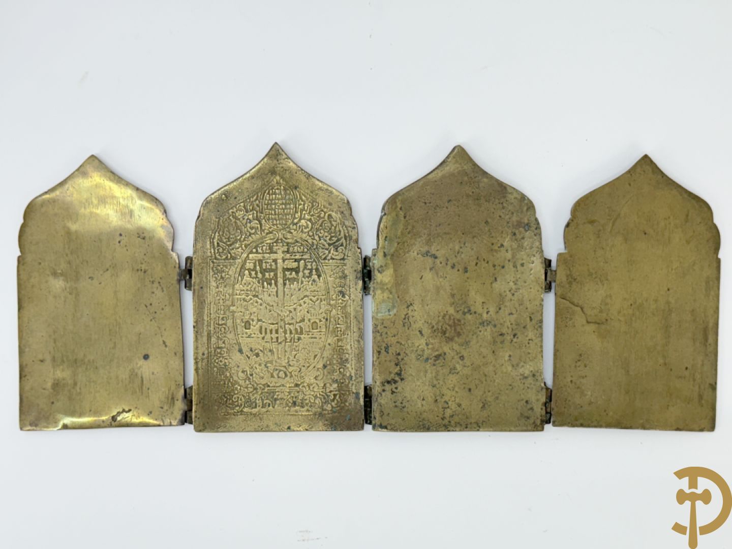 Vierdelige koperen Russische reisikoon + bronzen Neo Gotisch koffertje