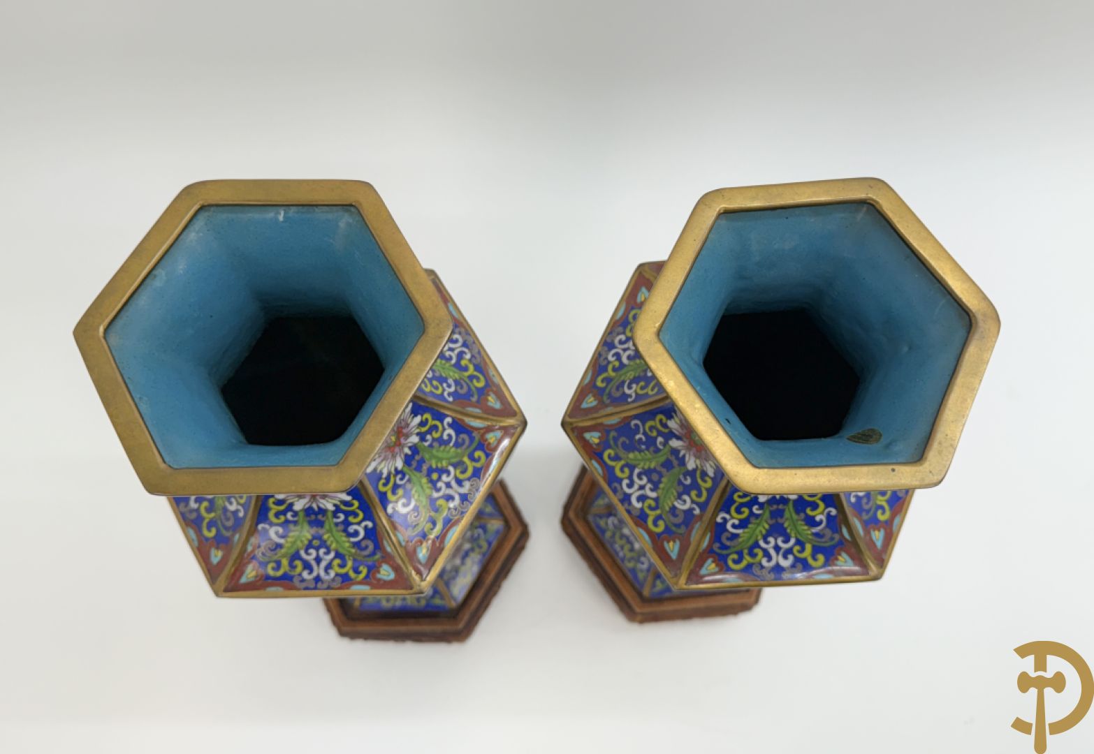 Paar zeshoekige cloisonévazen met bloemen en vogeldecor - op houten sokkels