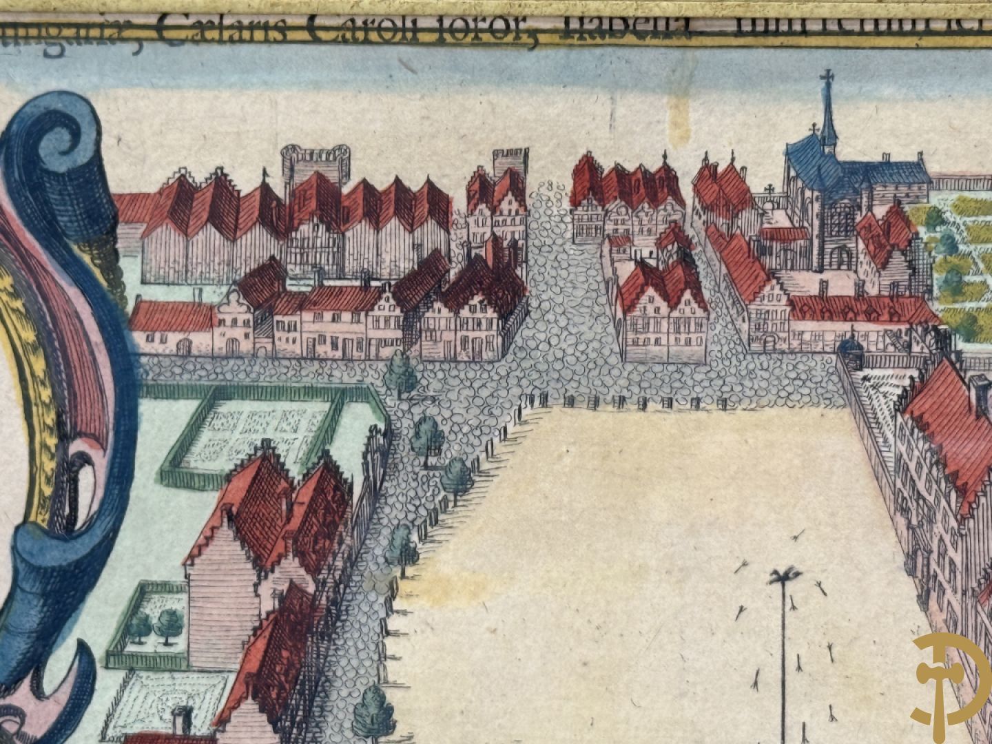 Handgekleurde kopergravure van de Kouter Gent uit Sanderus + handgekleurde kopergravure van Gravensteen uit Sanderus