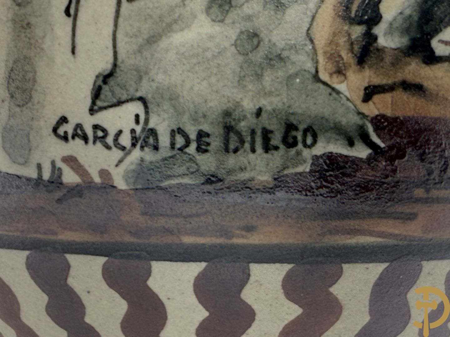 Vaasje in Grès met handbeschilderd geanimeerd landschapsdecor met herder en kudde, Ciboure Garcia de Diego