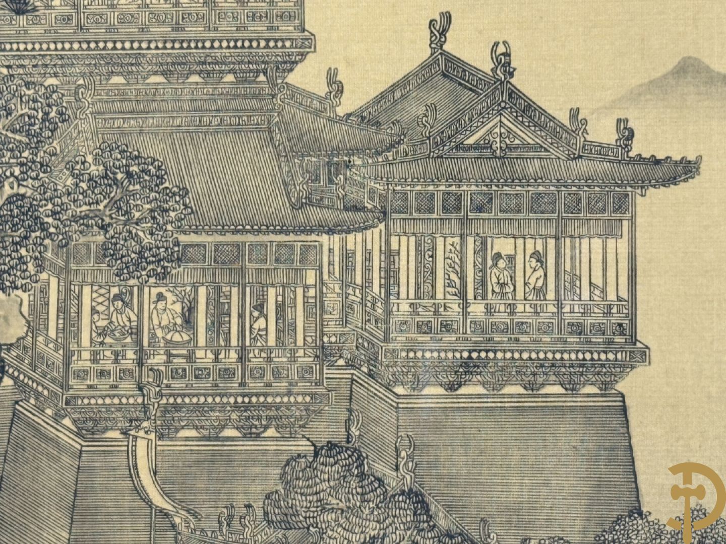 Drie ronde Aziatische zijdeschilderingen + Aziatische zijdeschildering