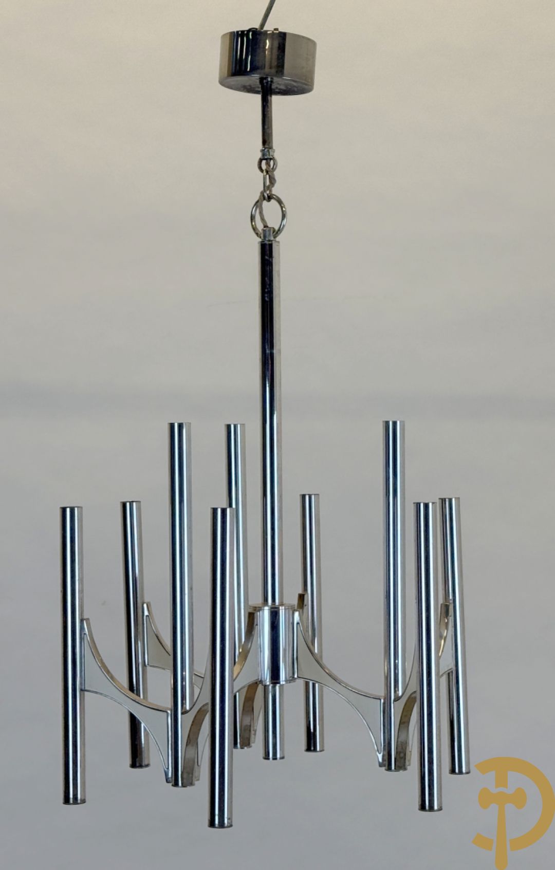 Vintage luchter met chromé buizen en 9 lichtpunten, Sciolari