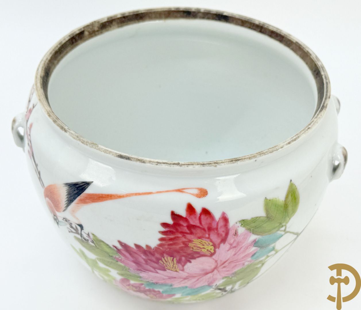 Chinese porseleinen dekselpotiche met vogel- en bloemendecor + Chinese porseleinen dekselkom met bloemen- en vogeldecor