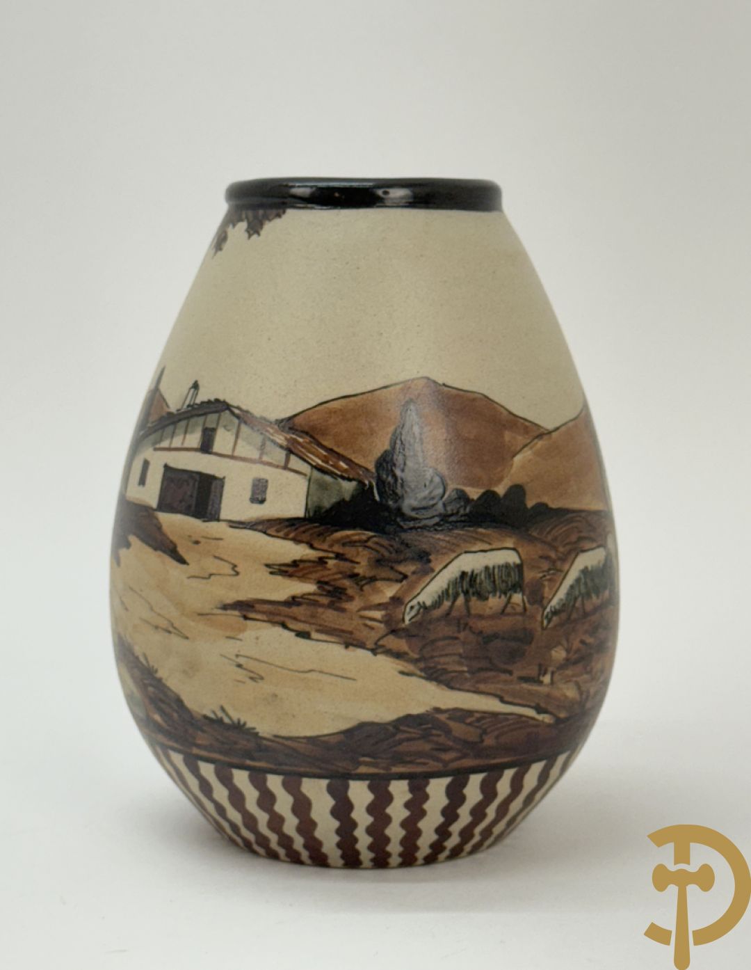 Vaasje in Grès met handbeschilderd geanimeerd landschapsdecor met herder en kudde, Ciboure Garcia de Diego