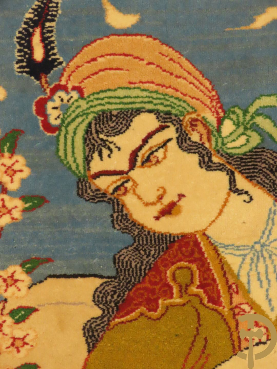 Perzisch handgeknoopt geïllustreerd tapijt met decor van musicerende dame en drinkende man