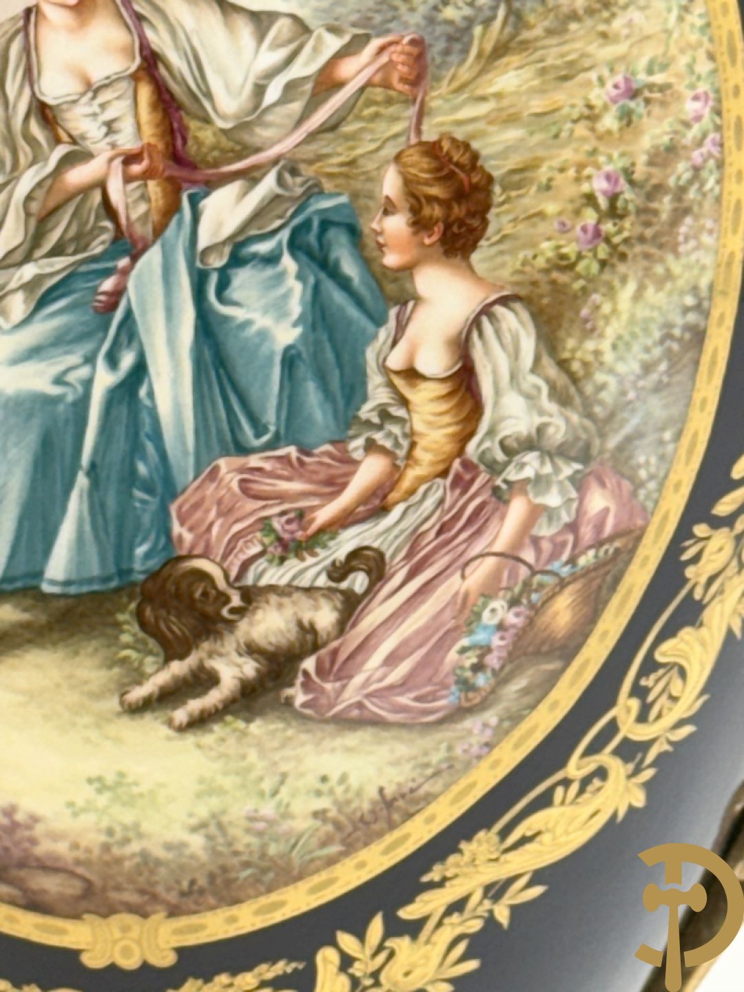 Onleesbaar getekend rechts onder, Sèvres stijl vaas met dubbel decor van romantische genrescène en landschapsscène, met bronzen ornamenten bezet