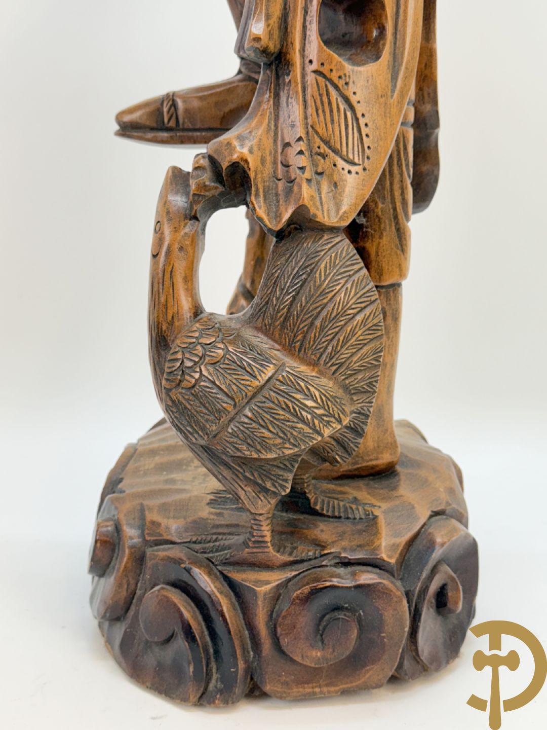 Aziatische houtsculptuur Guanying met 2 oosterse figuren + Oosterse man met baard