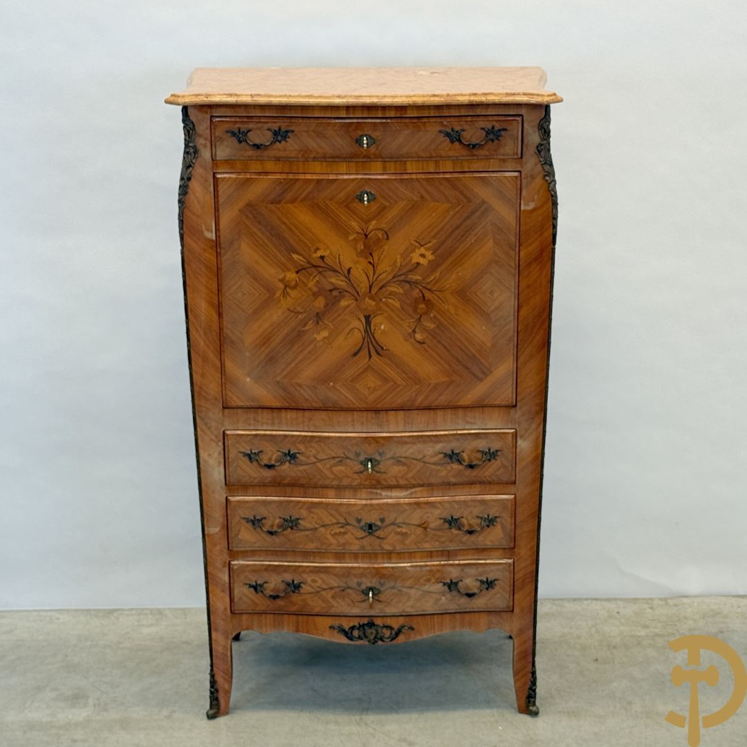 Notelaren klapsecretaire met 4 lades en bloemenmarquetterie, bezet met bronzen ornamenten - bovenaan met marmeren blad
