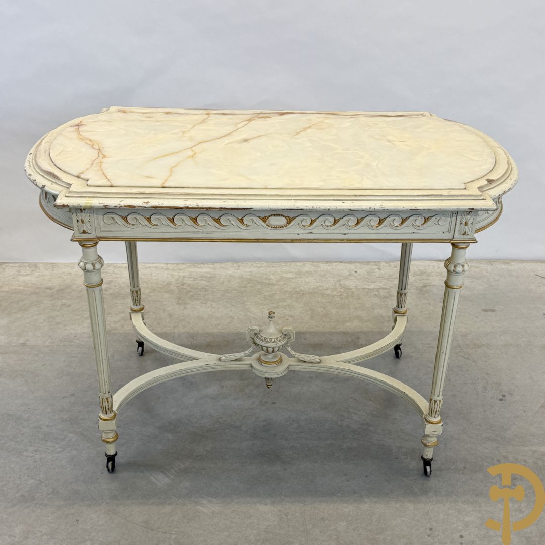 Salonensemble Louis XVI stijl bestaande uit 2 armzetels, 2 stoelen en salontafel