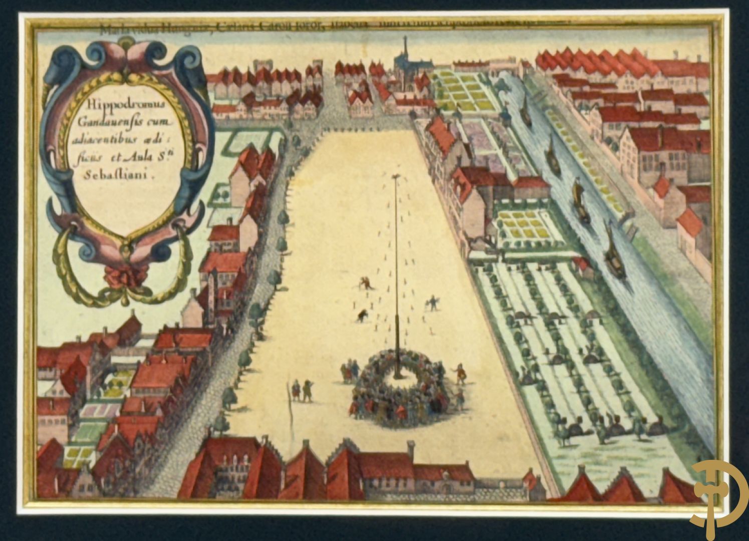 Handgekleurde kopergravure van de Kouter Gent uit Sanderus + handgekleurde kopergravure van Gravensteen uit Sanderus