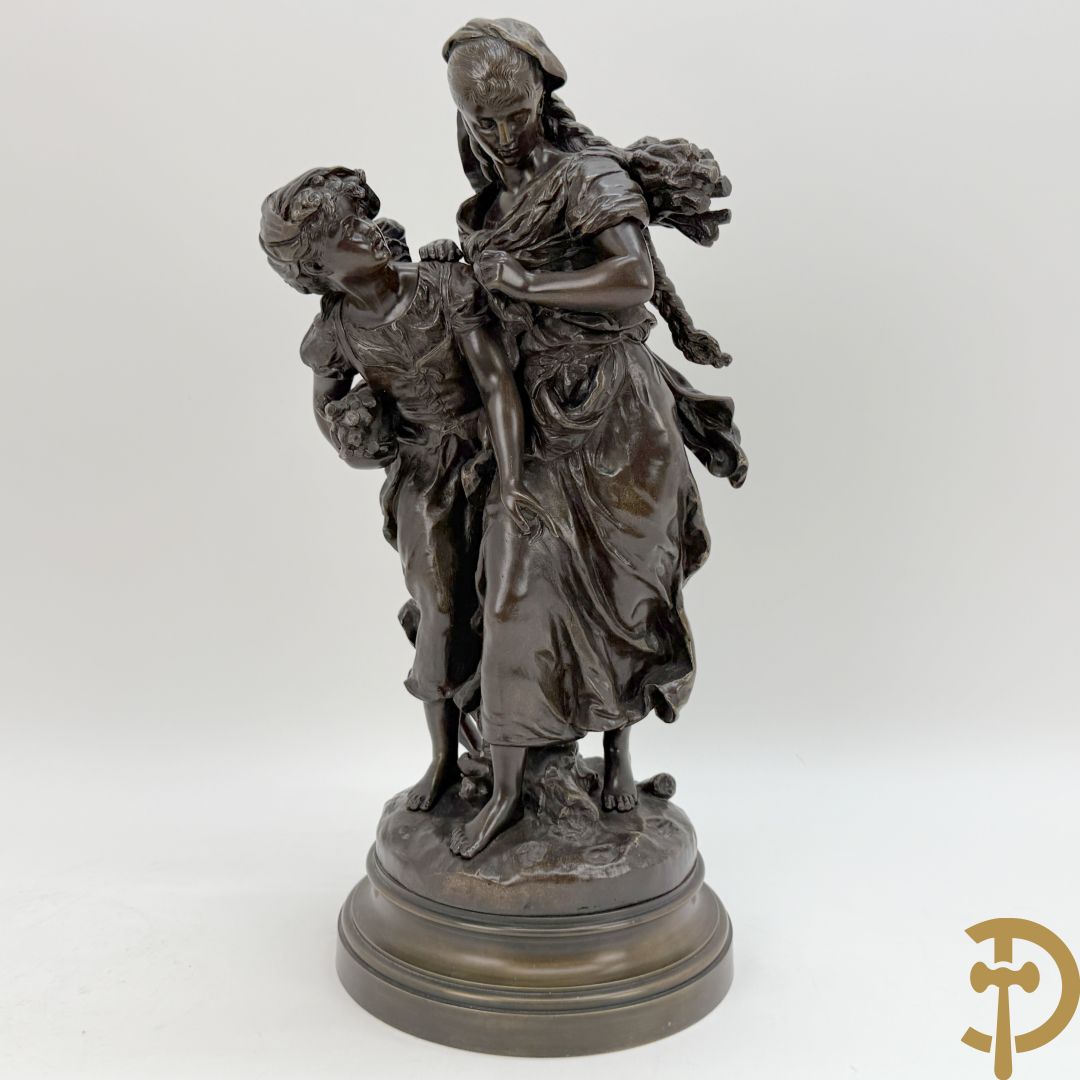 MOREAU Hte. getekend 'Paar dames met sprokkelhout' bronzen beeld