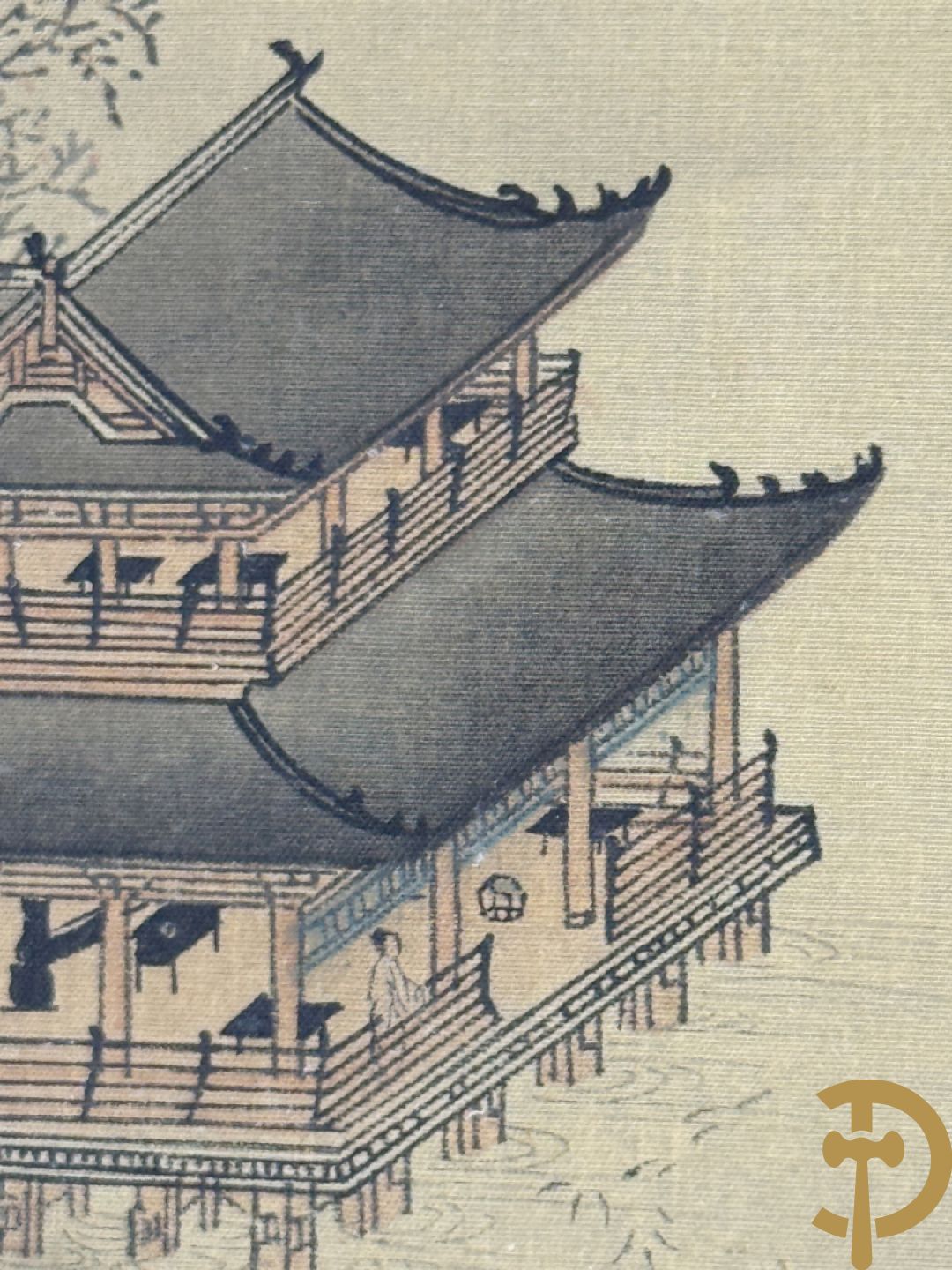 Drie ronde Aziatische zijdeschilderingen + Aziatische zijdeschildering