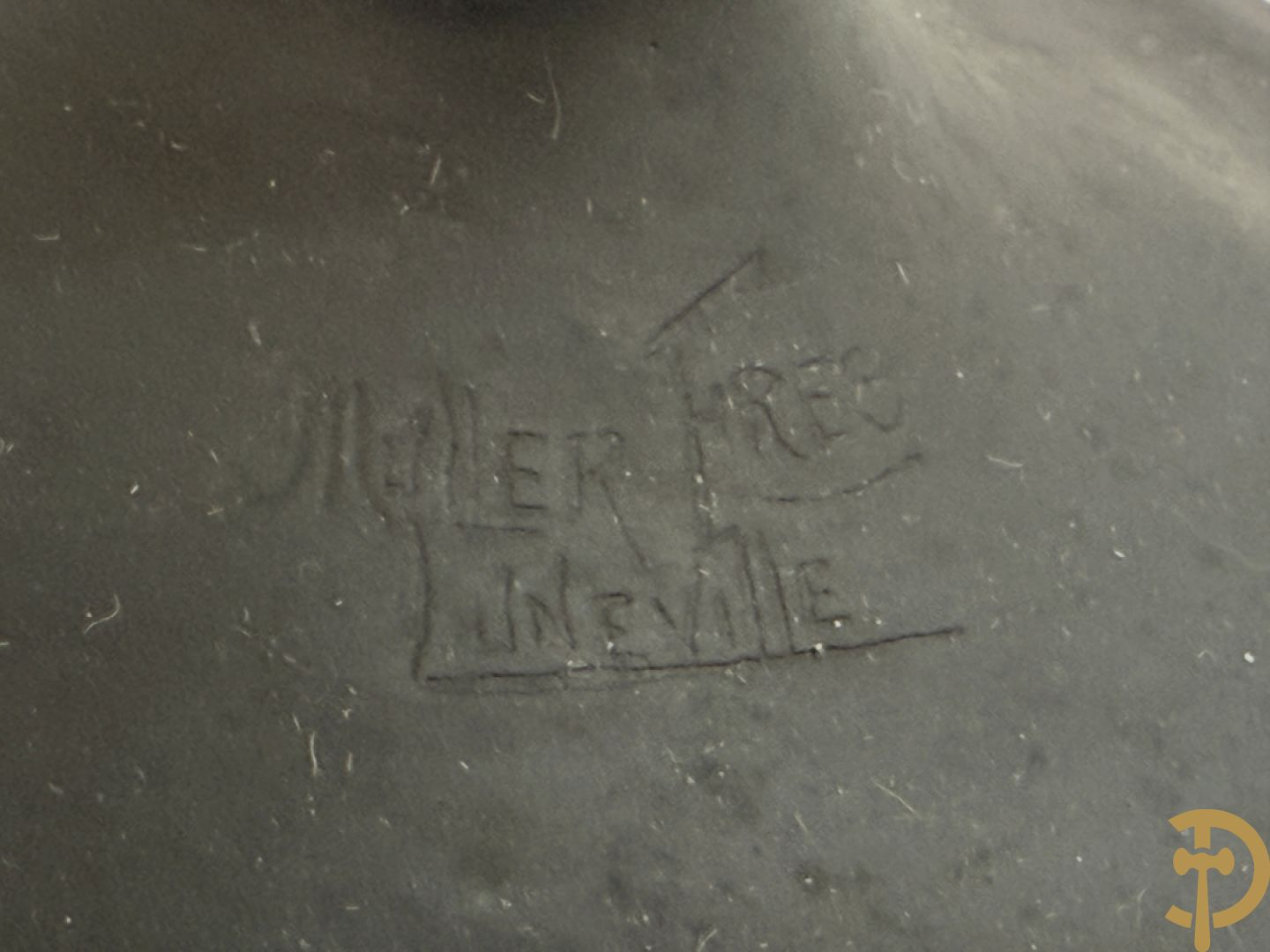 Pate de verre lampadaire Art Deco met geïriseerd lanschapsdecor, Müller Frères Luneville getekend