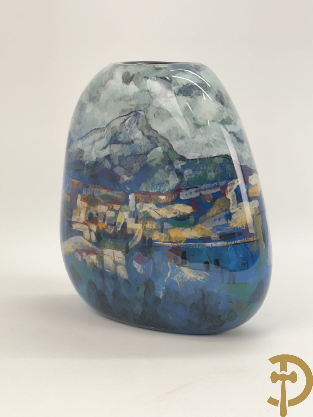 Ongetekend kleurrijke modernistische glaspasta vaas met impressionistisch landschapsdecor