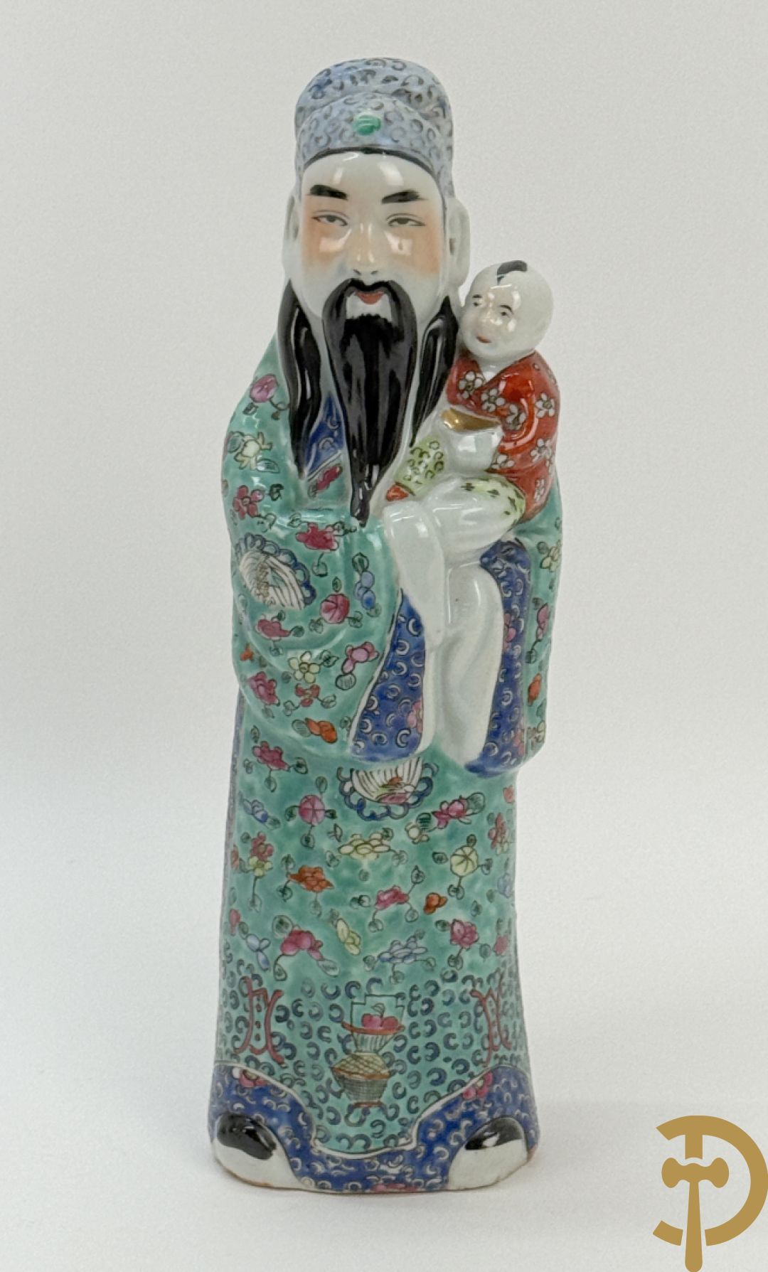 Chinese porseleinen wijsgeer met kind op de arm