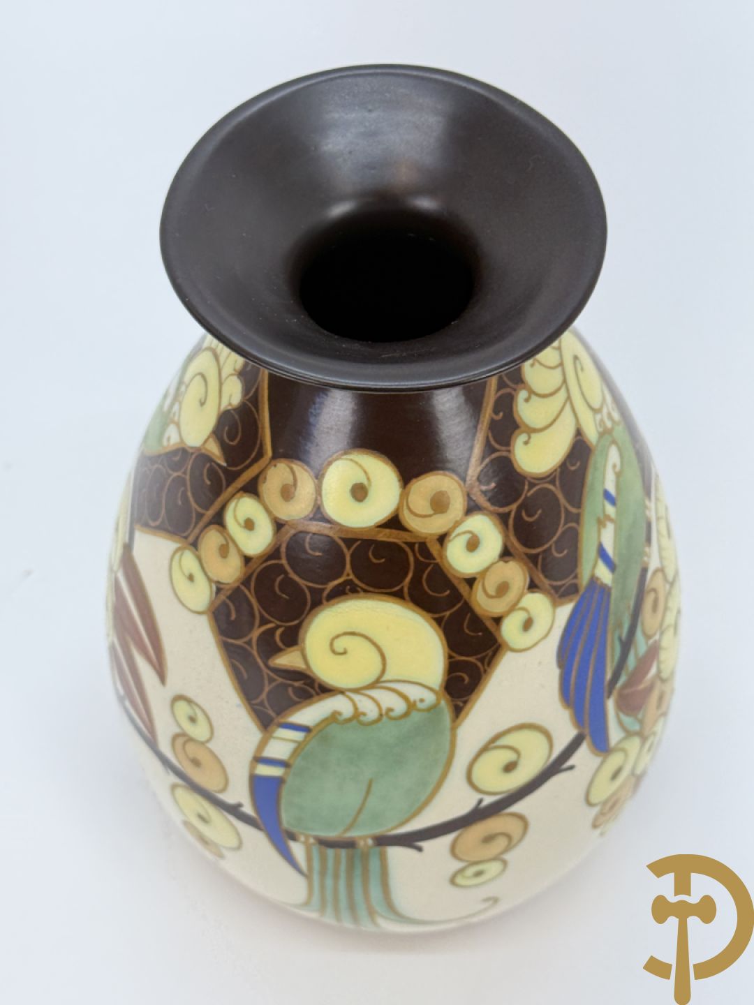 Keramieken Keramis Art Deco vaas met papegaaiendecor, Nr. 1130, Decor 945