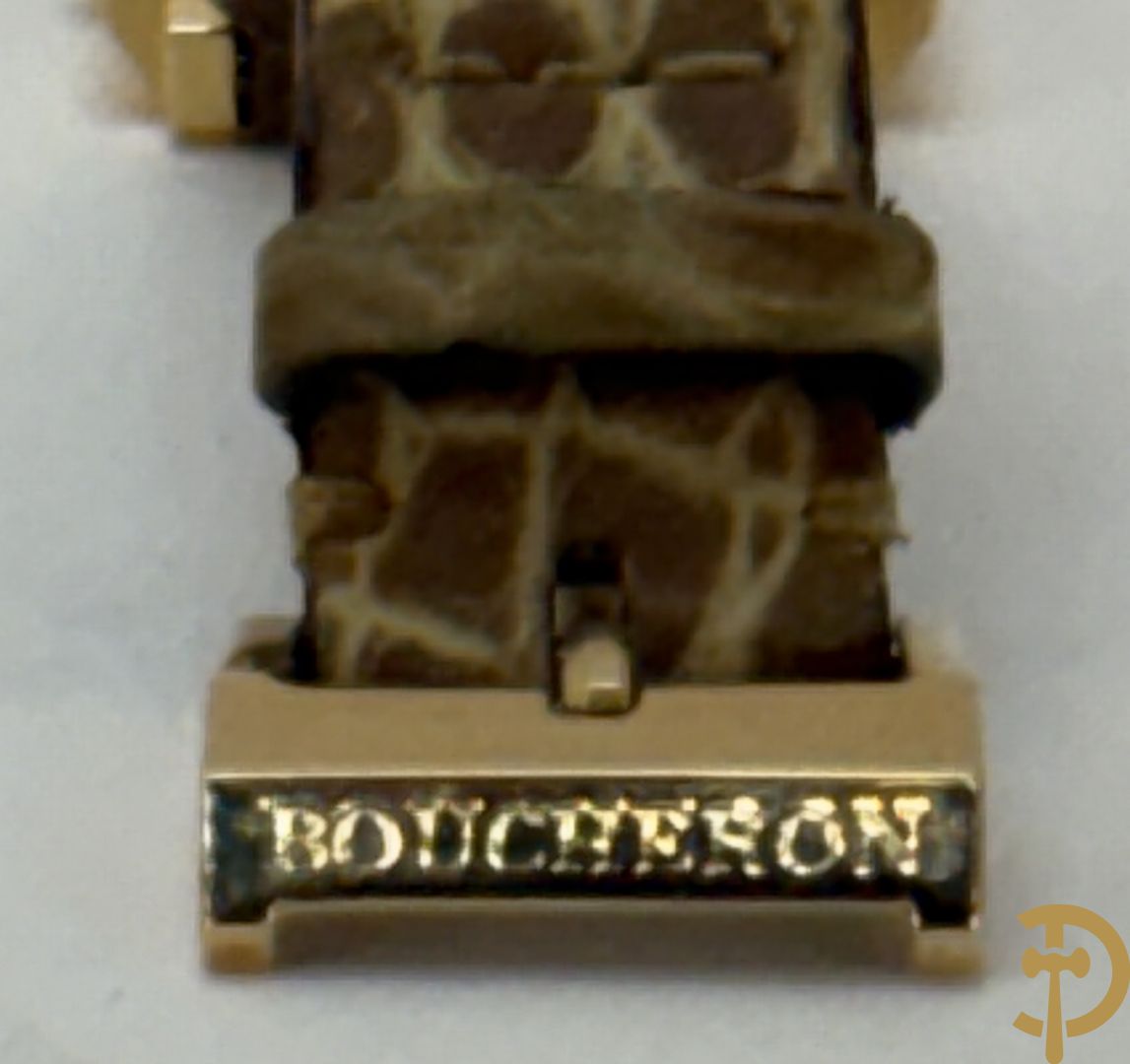 Geelgouden dameshorloge Boucheron Carrée in bijhorende lederen box, gemerkt 18 Kt. en genummerd 403436 - Met 2 verschillende bandjes + certificaten