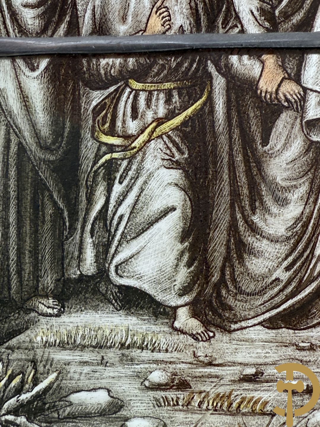 Twee loodramen met beschilderde taferelen 