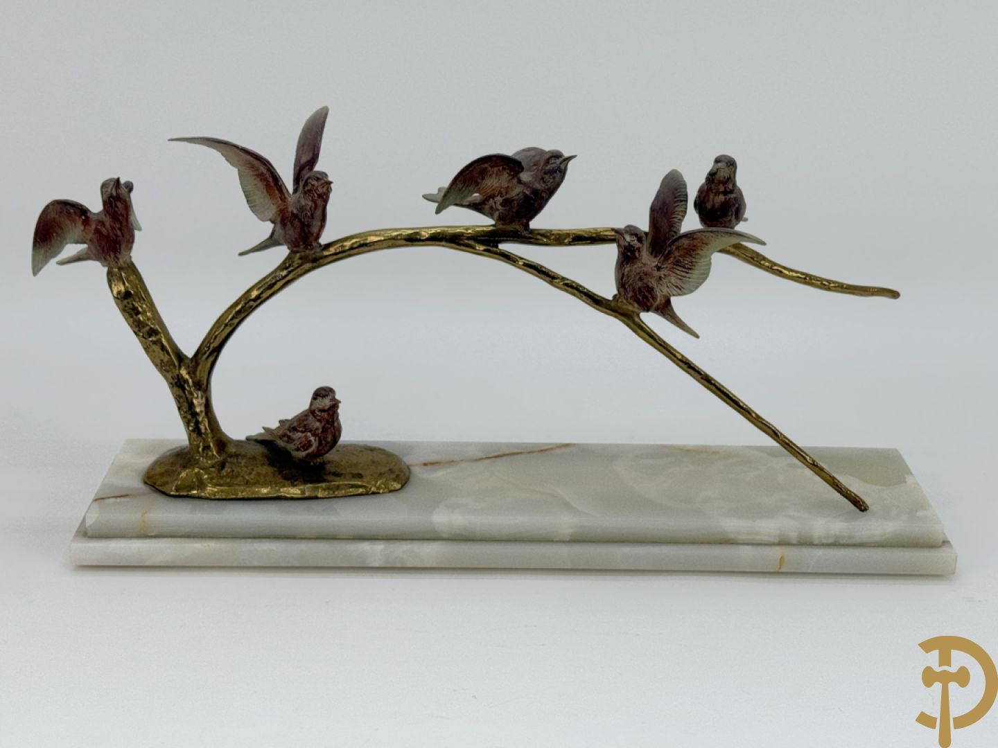 Ongetekend - Vergulde bronzen tak met zes vogels, op onix marmeren sokkel
