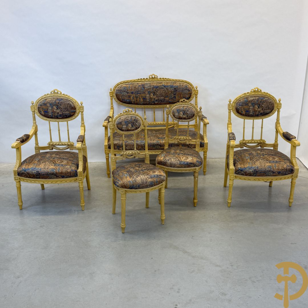 Vijfdelig gepolychromeerd Louis XVI salonensemble bestaande uit canapé, 2 fauteuils en 2 stoelen
