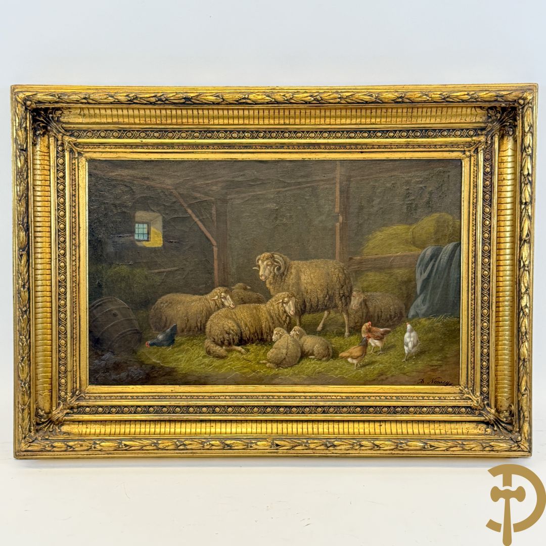 NOWEY A. getekend 'Stalzicht met schapen en kippen' olie op doek