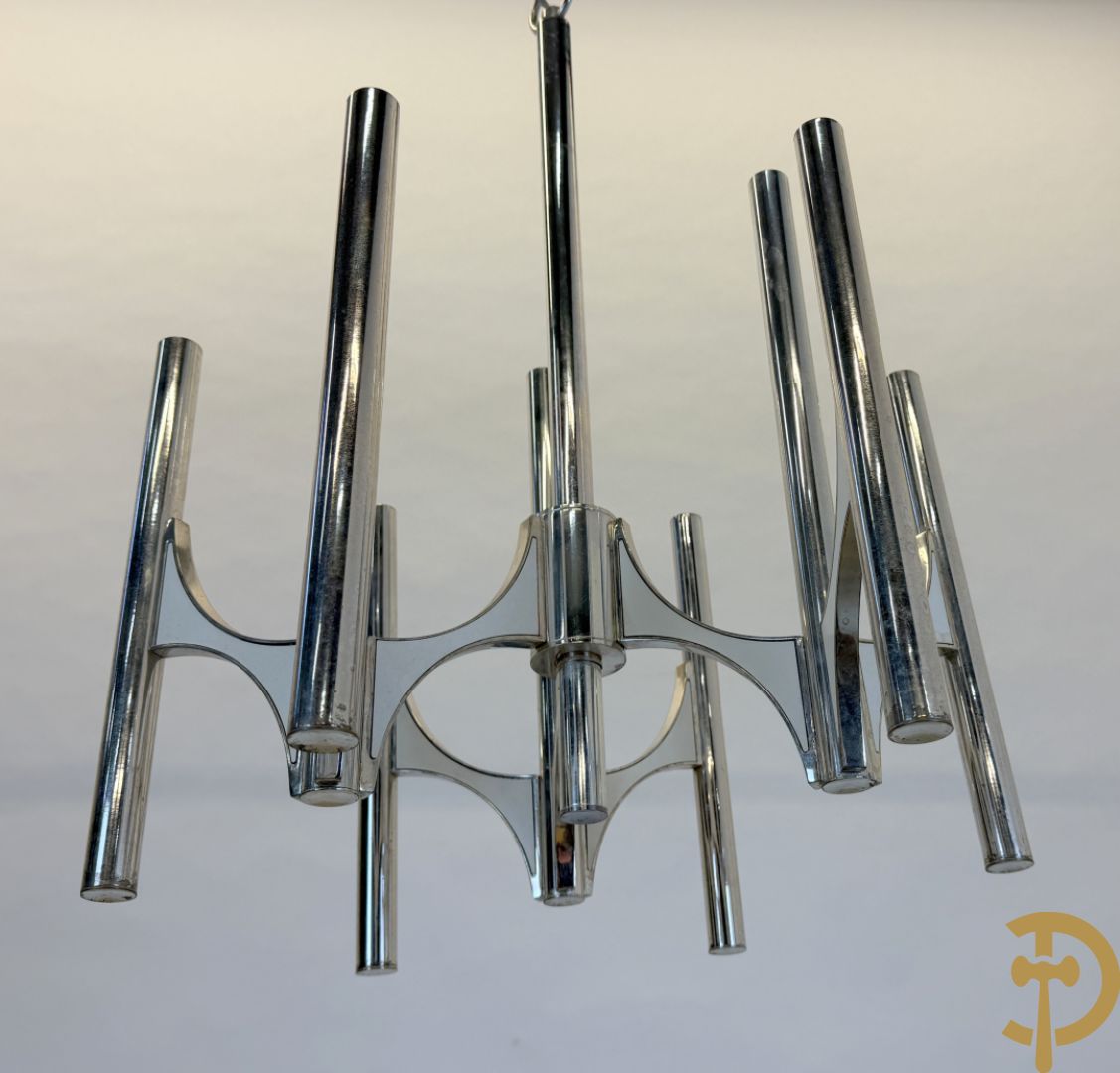 Vintage luchter met chromé buizen en 9 lichtpunten, Sciolari