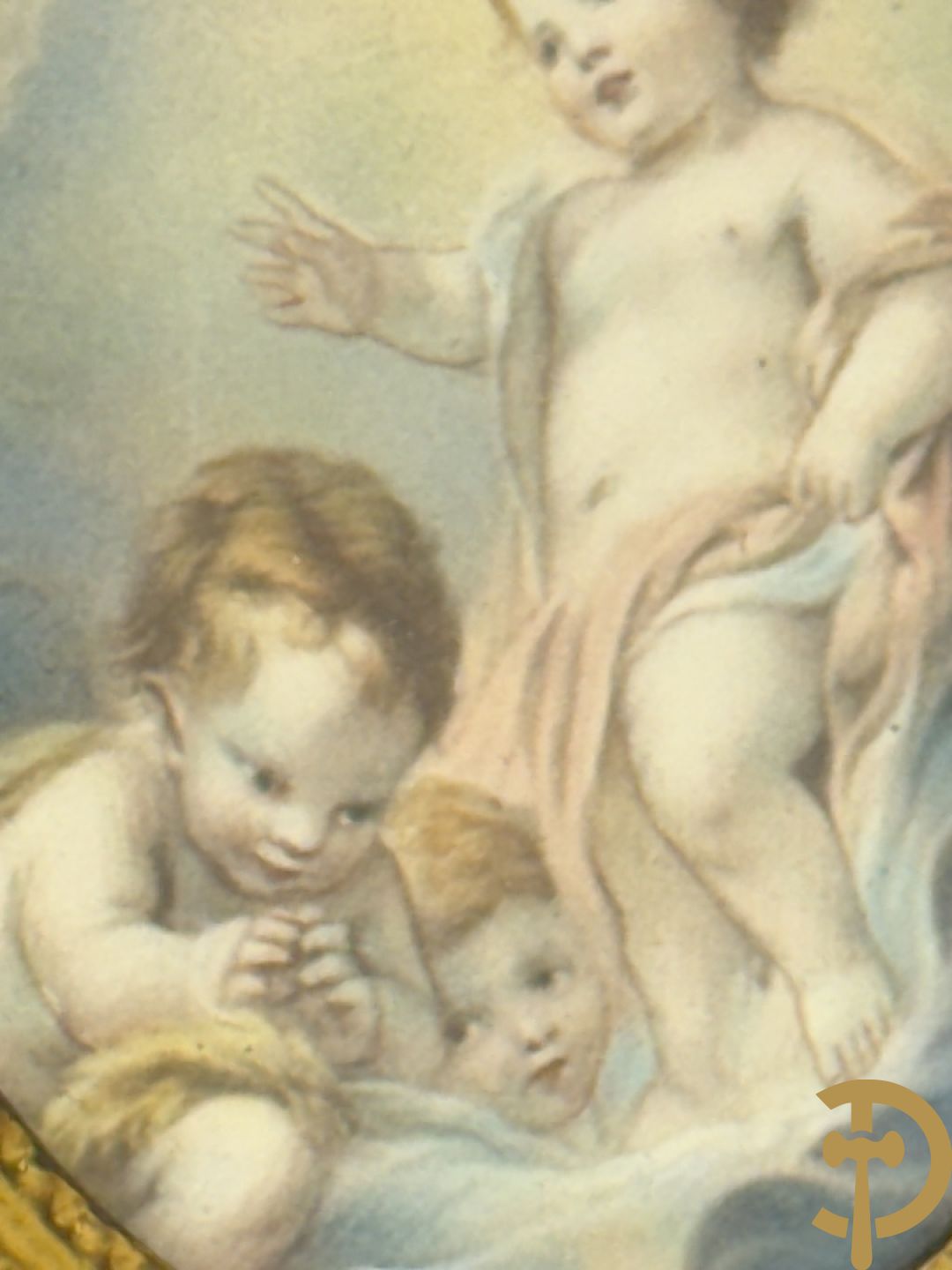 Vier handgekleurde miniaturen met romantische scènes en edeldames