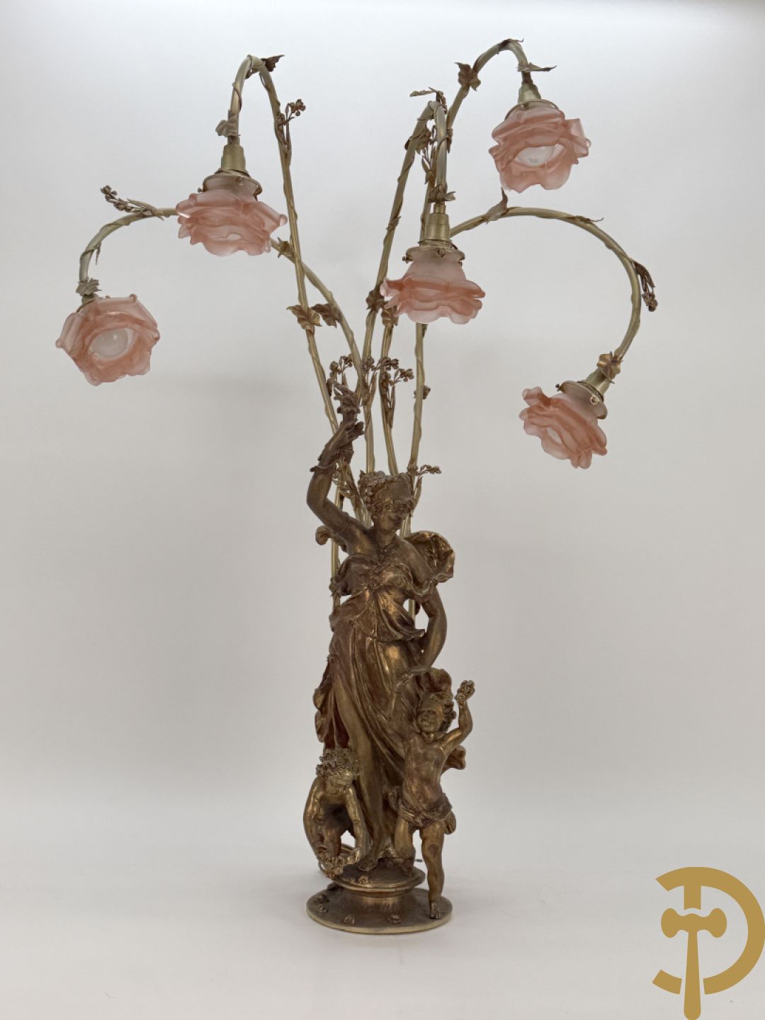 POITE getekend - Vuurverguld bronzen beeld van dame met kinderen houdende een toorts, achteraan 5 lichtpunten