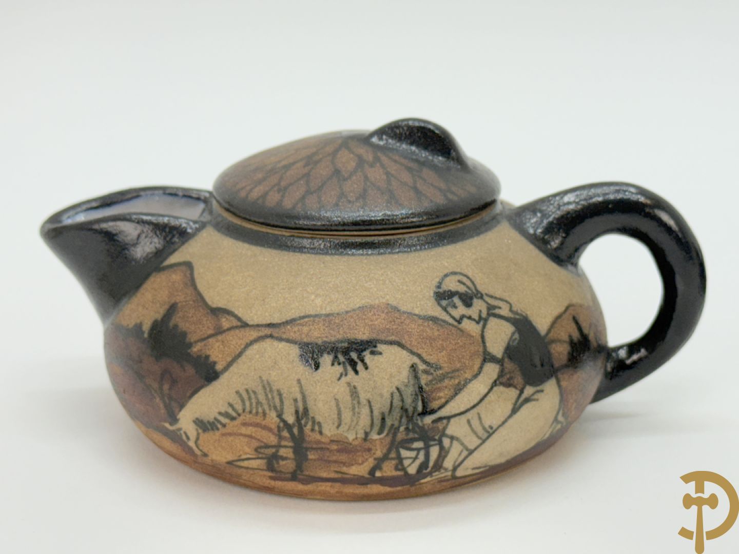 Tète à tète in meerkleurige faience Grès van Ciboure, getekend R. Le Corrone, bestaande uit theekan, melkkan, suikerpot, 2 tasjes en 2 schoteltjes