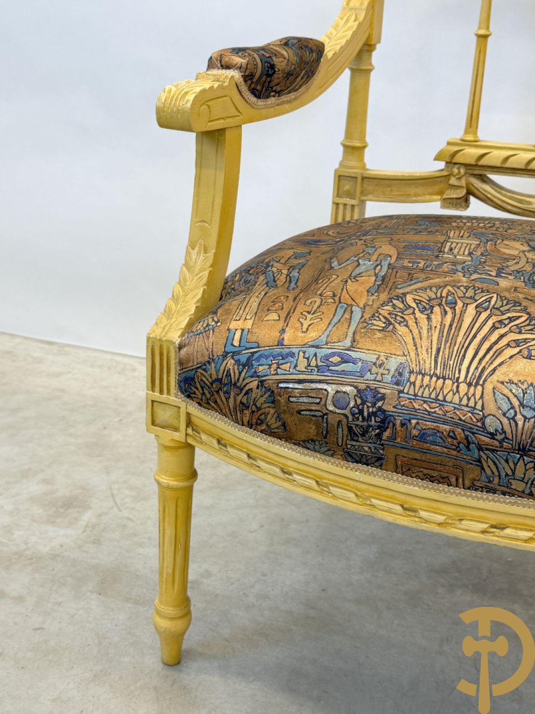 Vijfdelig gepolychromeerd Louis XVI salonensemble bestaande uit canapé, 2 fauteuils en 2 stoelen
