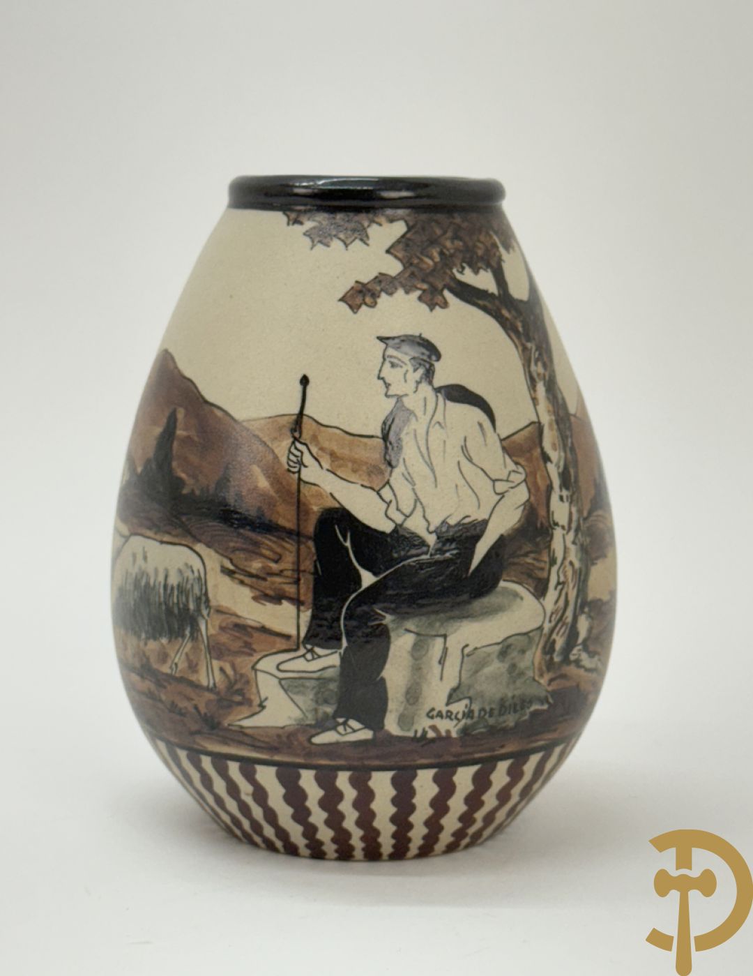 Vaasje in Grès met handbeschilderd geanimeerd landschapsdecor met herder en kudde, Ciboure Garcia de Diego